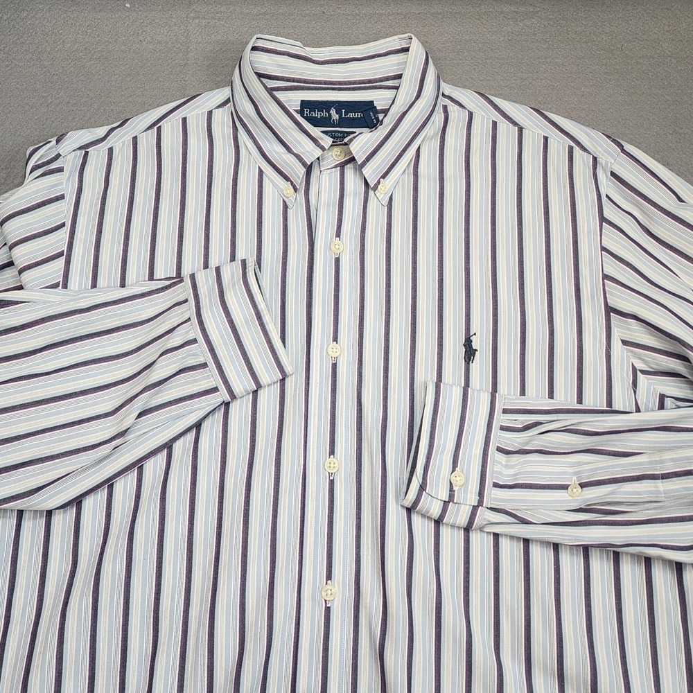 Ralph Lauren Button Down Shirt Blue Purple Striped Custom Fit Mens 16.5 34/35